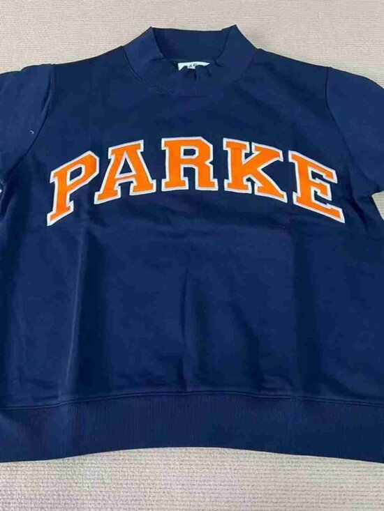 Parke Tops - PARKE Dark Blue Mock Neck Orange Varsity Logo Sweatshirt